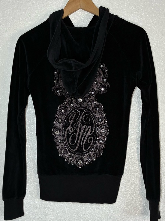 ivette mandell Tops - Yvette Mandell Hoodie Womens M Black Velour Full Zip Jeweled Crown Graphic y2k
